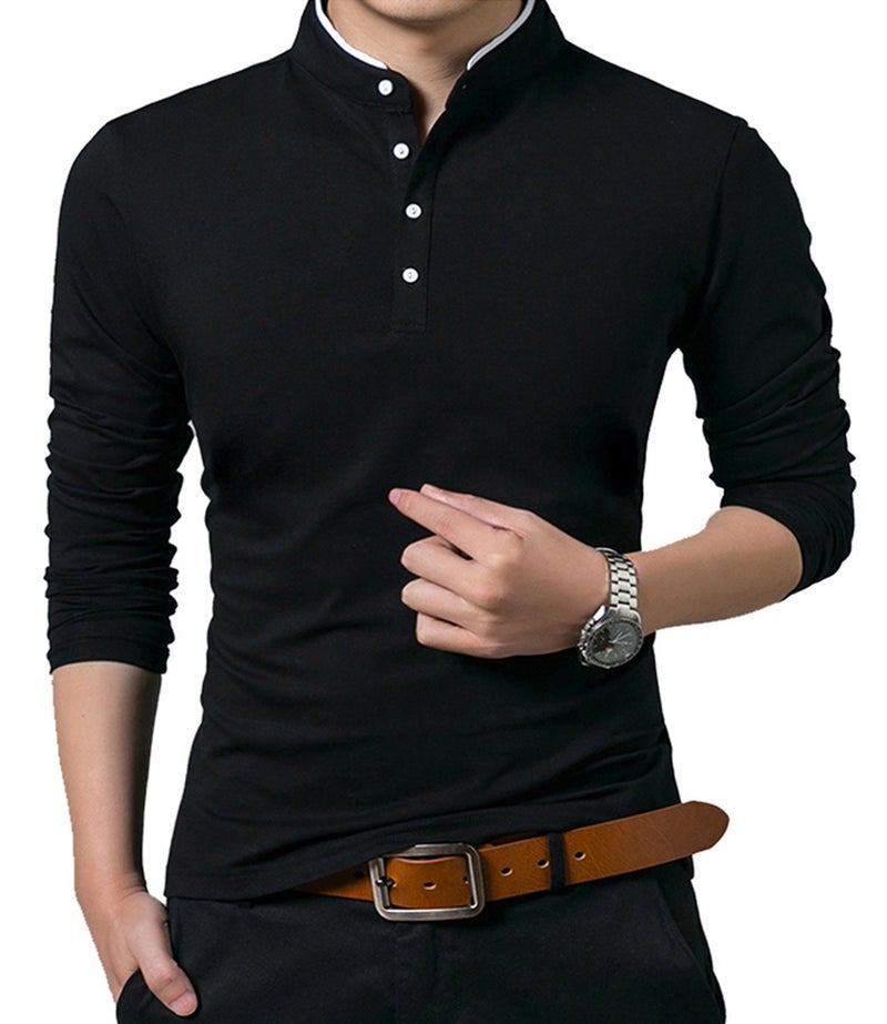 KUYIGO Men's Casual Slim Fit Shirts Long Sleeve Polo Shirt Mandarin Collared T-Shirts Black X-Large - Image 2